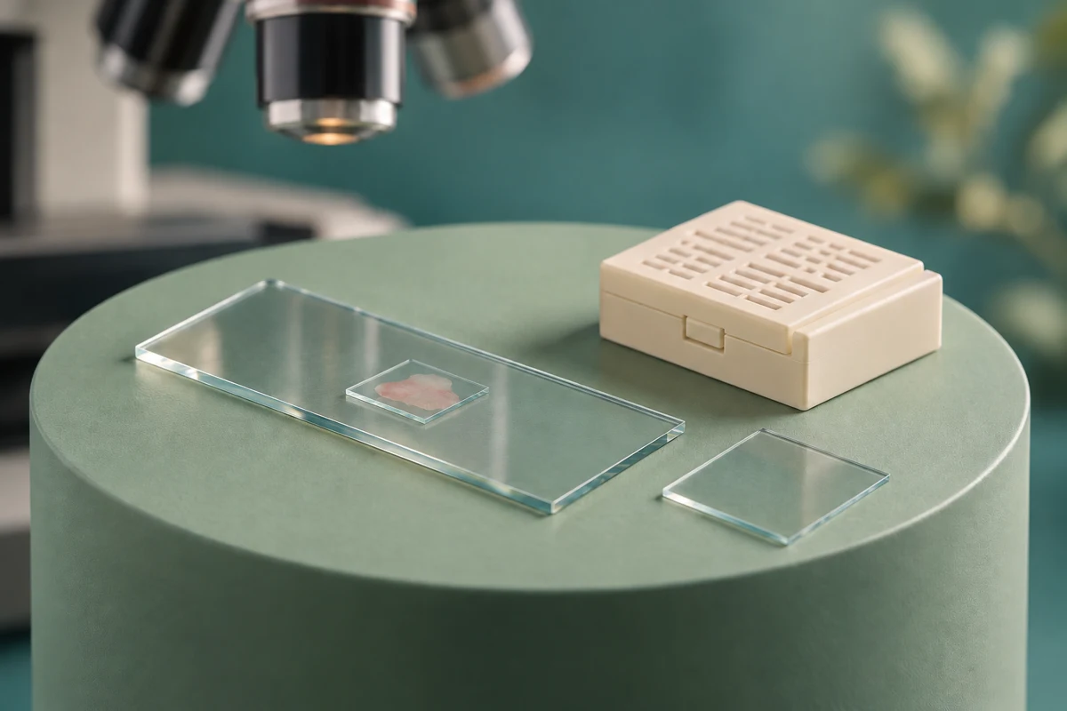 Illustration of a prepared tissue slide and biopsy cassette